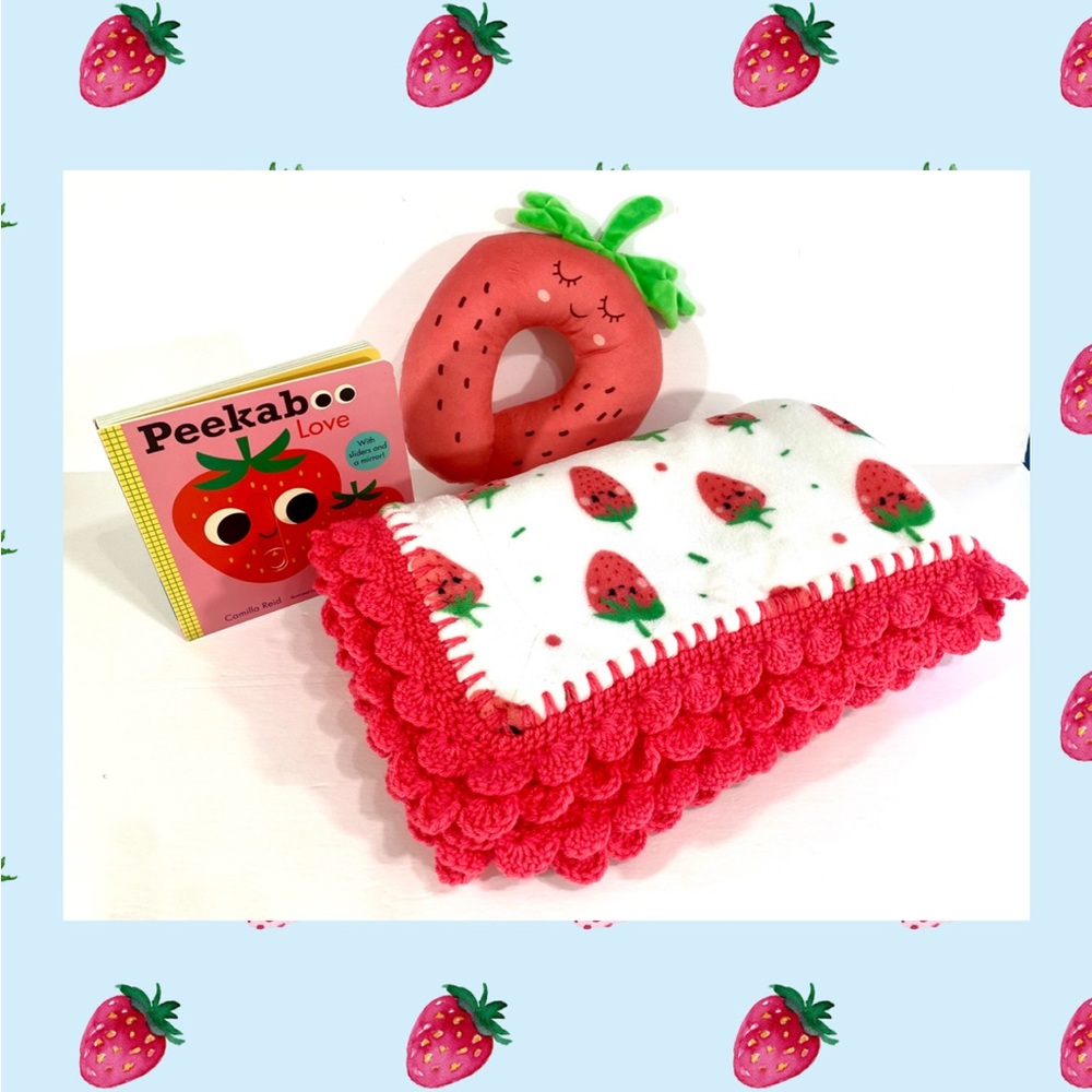 Strawberry Minky Sherpa Crochet Baby Gift Set - 3 Piece